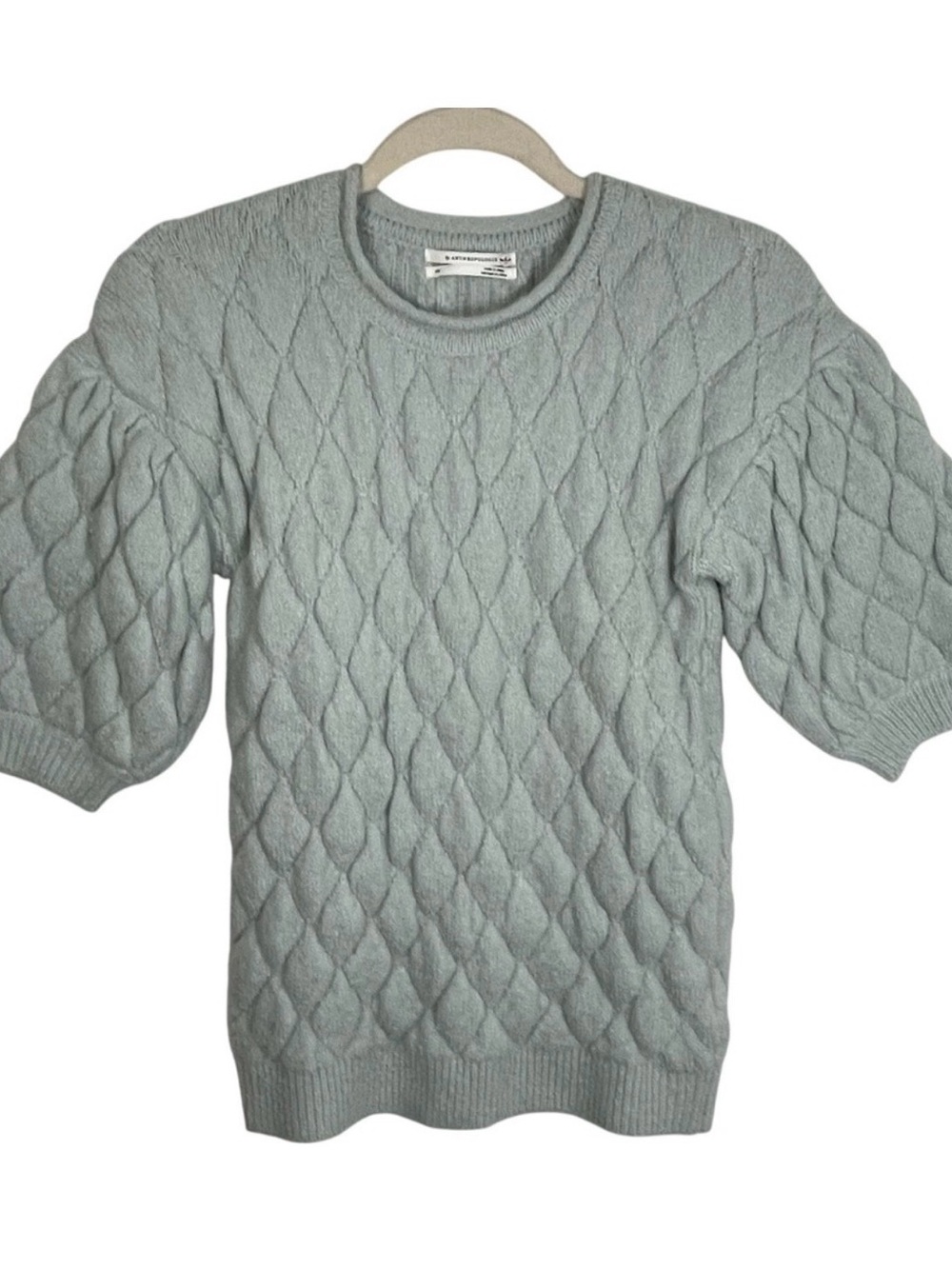 Anthropologie Light Sage Knit Sweater with Puff Sleeves